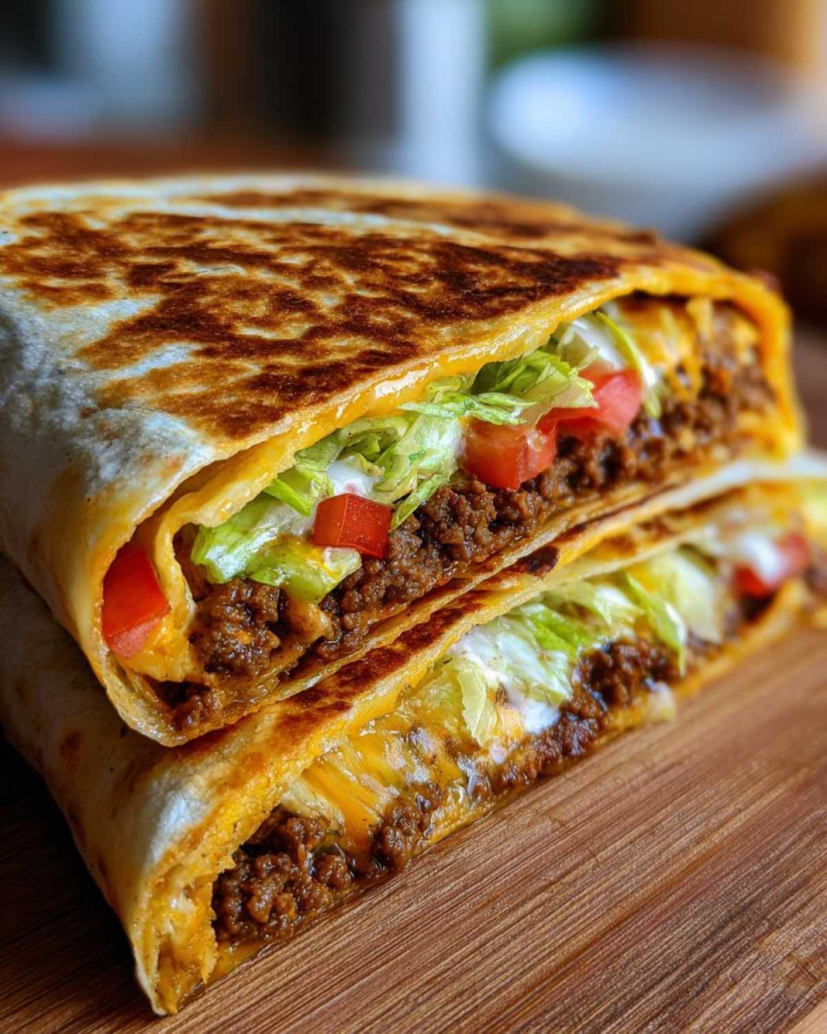 A perfectly grilled Copycat Taco Bell Crunchwrap Supreme cut in half, showing layers of seasoned beef, cheese, lettuce, and sour cream.