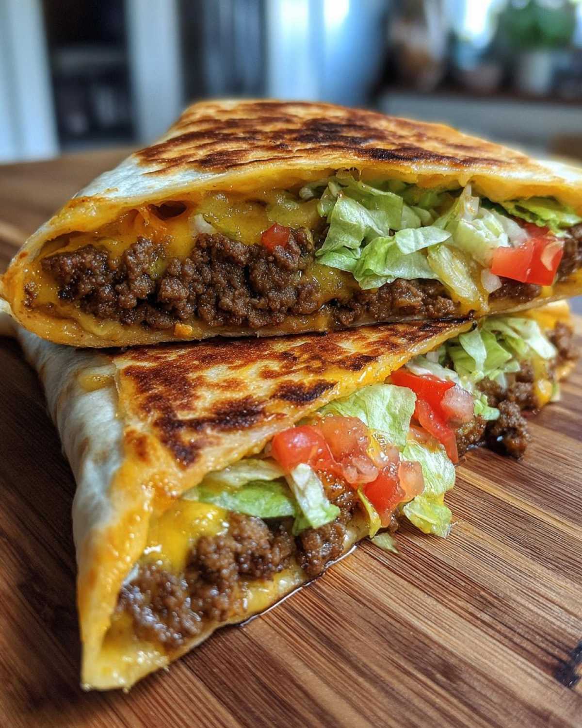 Two halves of a grilled Copycat Taco Bell Crunchwrap Supreme showing seasoned beef, cheese, lettuce, and tomato.