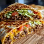 A halved Copycat Taco Bell Crunchwrap Supreme showing seasoned beef, melted cheese, lettuce, and tomato filling.