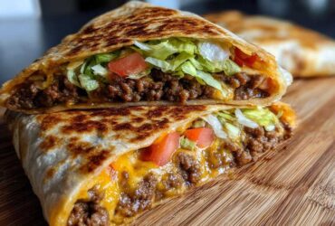 A halved Copycat Taco Bell Crunchwrap Supreme showing seasoned beef, melted cheese, lettuce, and tomato filling.