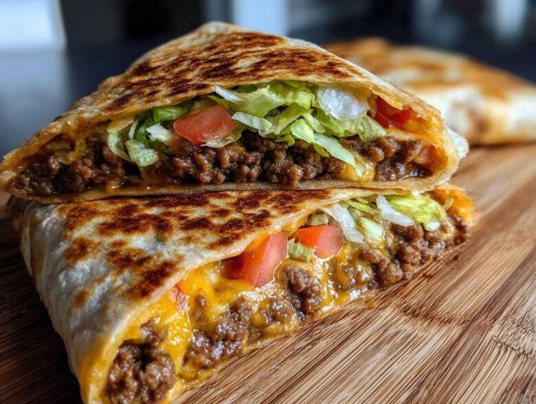 A halved Copycat Taco Bell Crunchwrap Supreme showing seasoned beef, melted cheese, lettuce, and tomato filling.