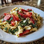 Close-up of Easy Strawberry Spinach Pasta Salad with Feta in a white bowl.