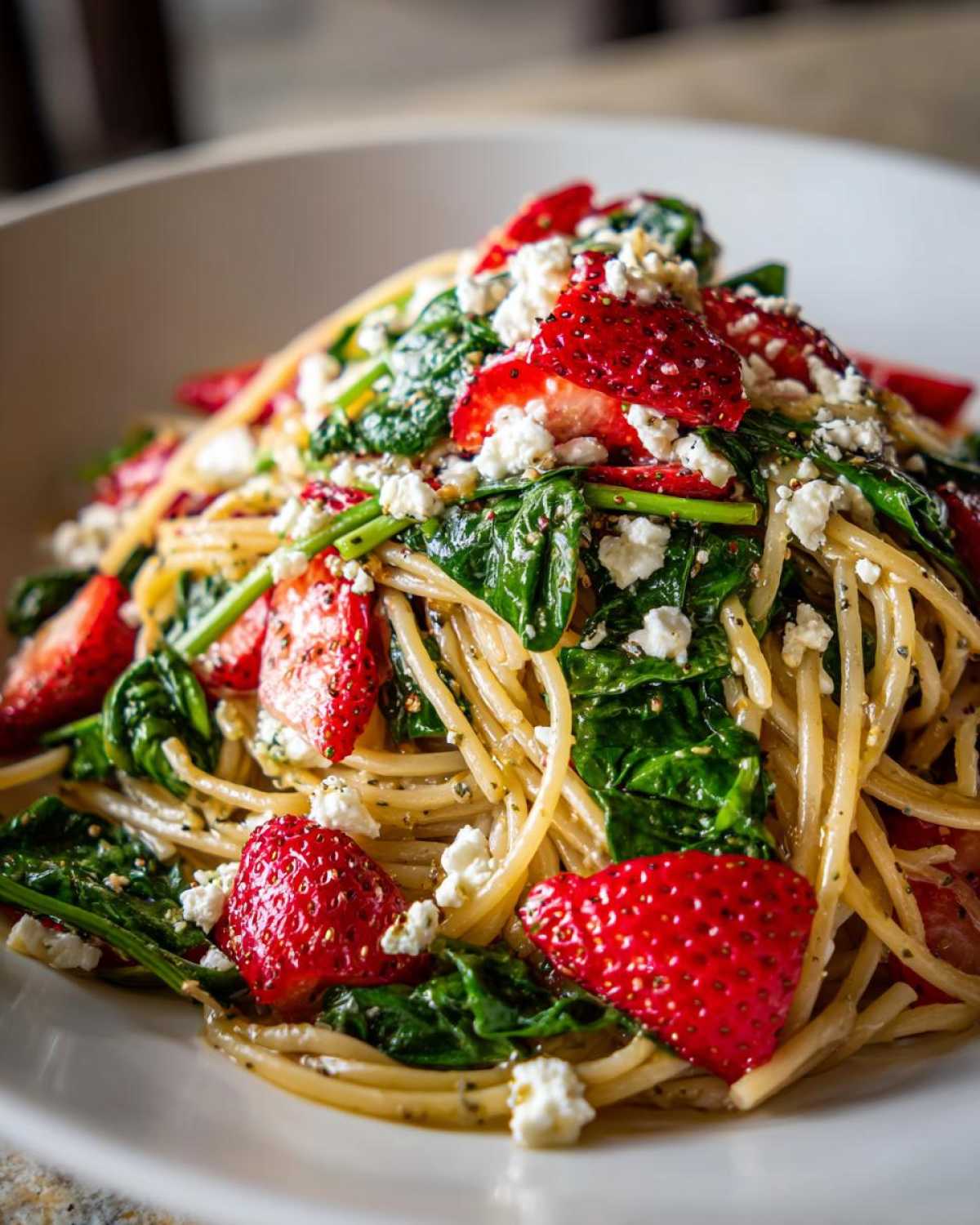 A close-up of Easy Strawberry Spinach Pasta Salad with Feta, featuring pasta tossed with wilted spinach, sliced strawberries, and crumbled feta cheese.