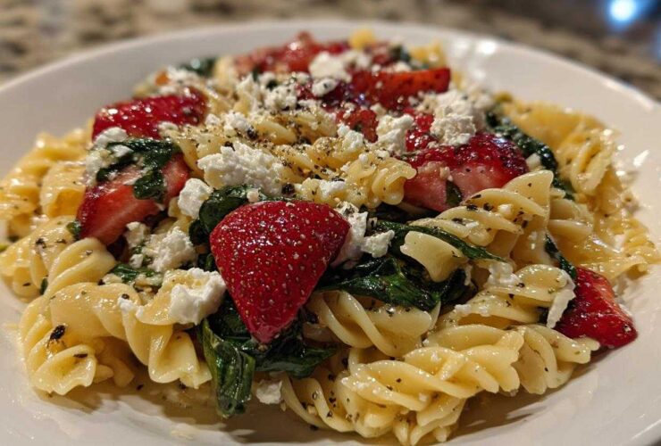 A close-up serving of Easy Strawberry Spinach Pasta Salad with Feta, featuring fusilli pasta, bright red strawberries, wilted spinach, and crumbled feta cheese.