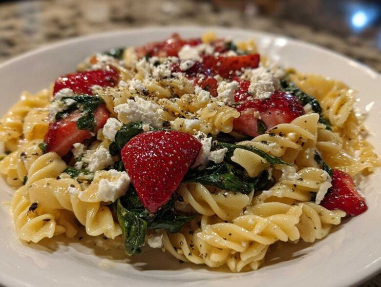 A close-up serving of Easy Strawberry Spinach Pasta Salad with Feta, featuring fusilli pasta, bright red strawberries, wilted spinach, and crumbled feta cheese.