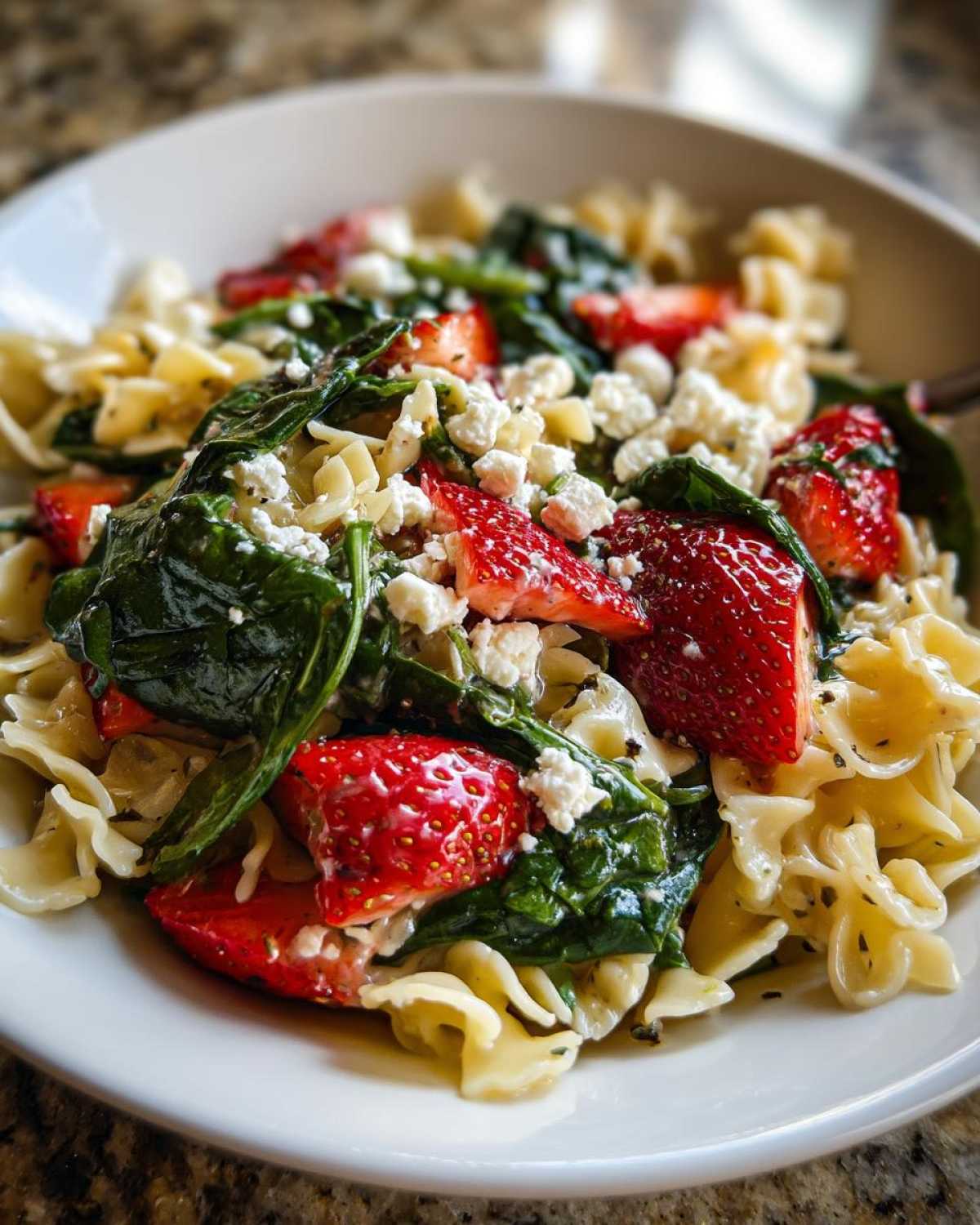 A close-up of Easy Strawberry Spinach Pasta Salad with Feta, featuring pasta, bright red strawberries, wilted spinach, and crumbled feta cheese.
