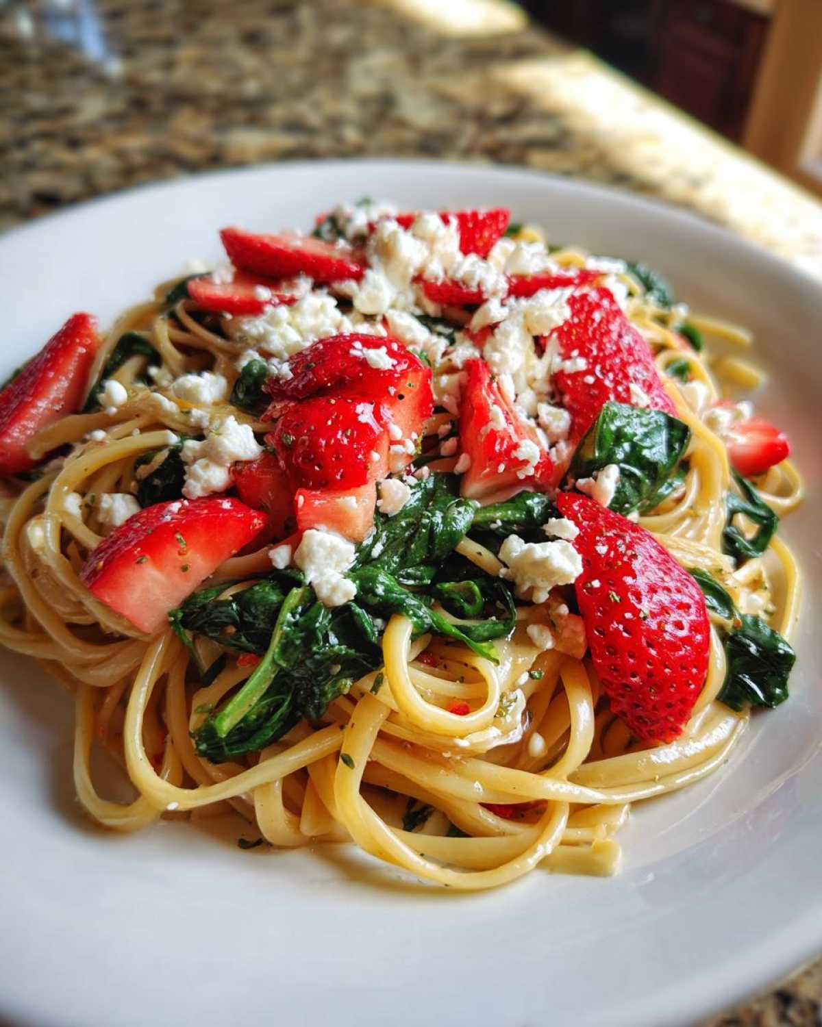A close-up of Easy Strawberry Spinach Pasta Salad with Feta, featuring linguine, wilted spinach, sliced strawberries, and crumbled feta cheese.
