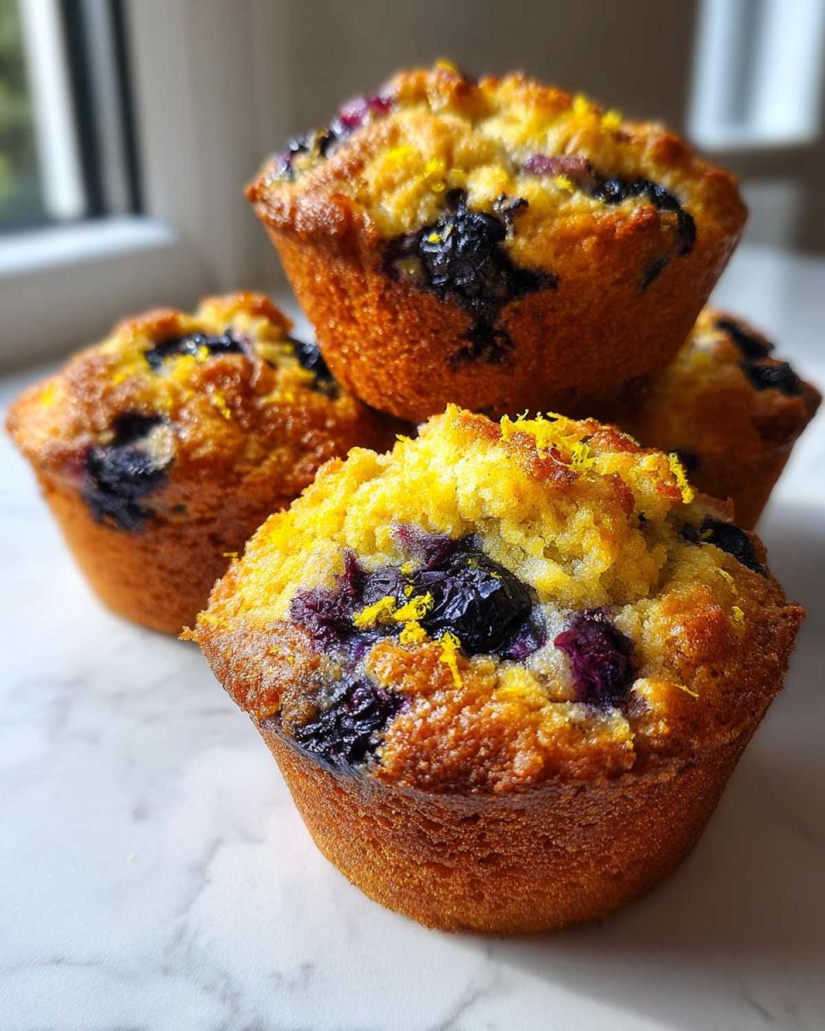 A stack of golden Gluten-Free Blueberry Lemon Muffin Tops topped with bright lemon zest.
