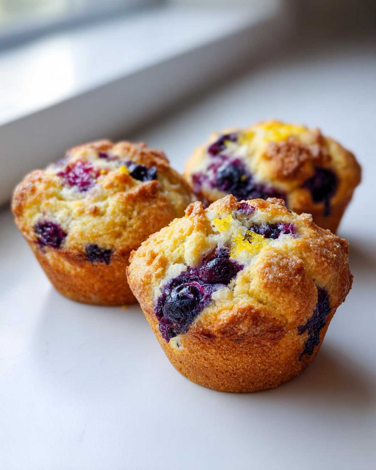 Three golden-brown Gluten-Free Blueberry Lemon Muffin Tops with visible blueberries and lemon zest.
