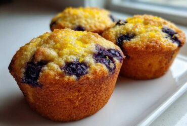 Three golden Gluten-Free Blueberry Lemon Muffin Tops sprinkled with bright yellow lemon zest on a white plate.