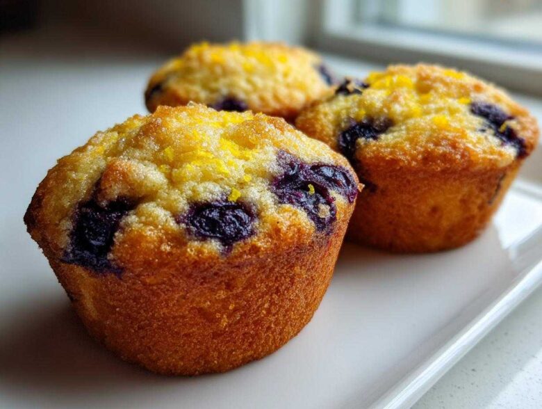 Three golden Gluten-Free Blueberry Lemon Muffin Tops sprinkled with bright yellow lemon zest on a white plate.