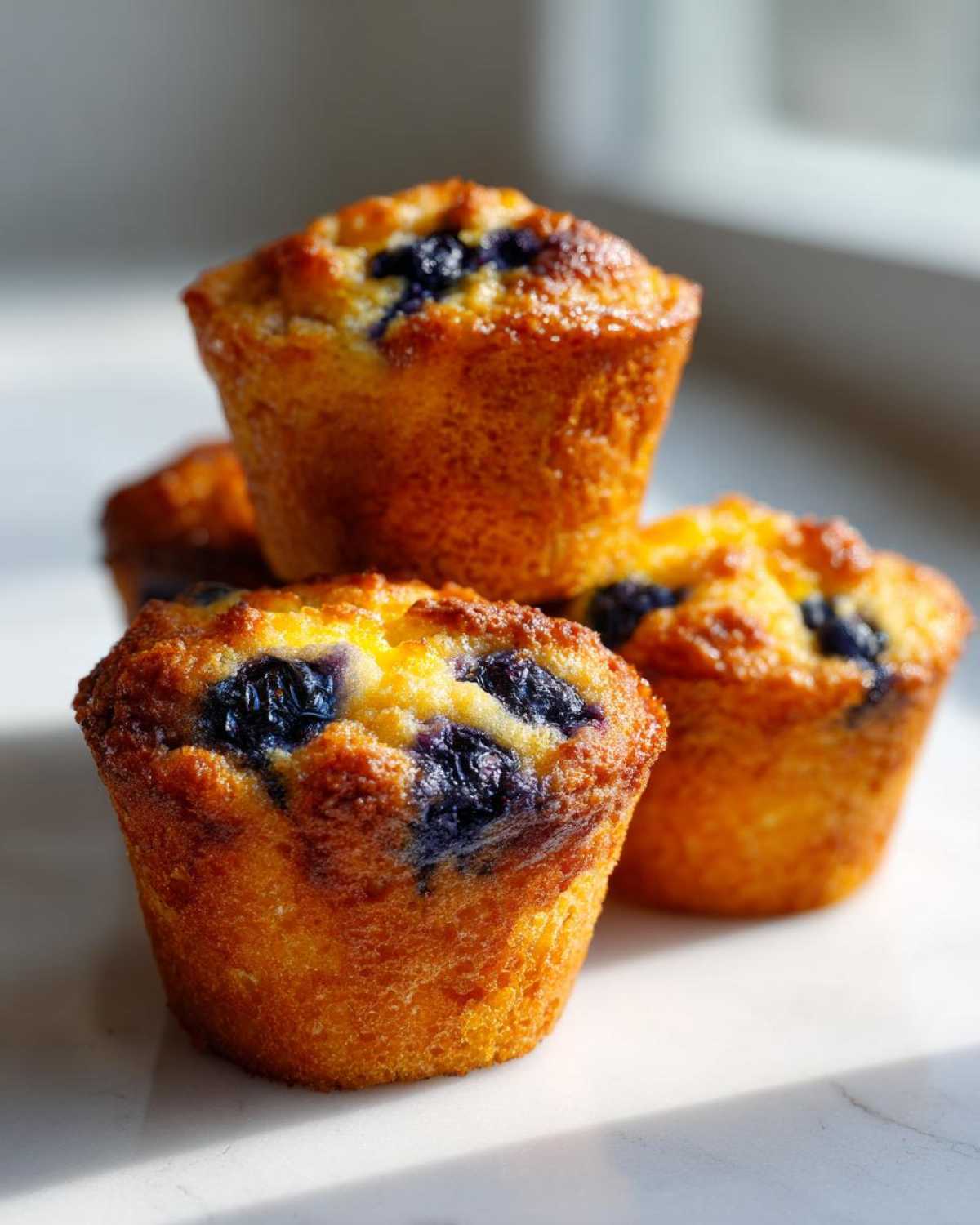 A close-up stack of golden Gluten-Free Blueberry Lemon Muffin Tops with visible blueberries.