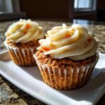 Two Gluten-Free Carrot Cake Cupcakes topped with thick swirls of cream cheese frosting and carrot flecks.