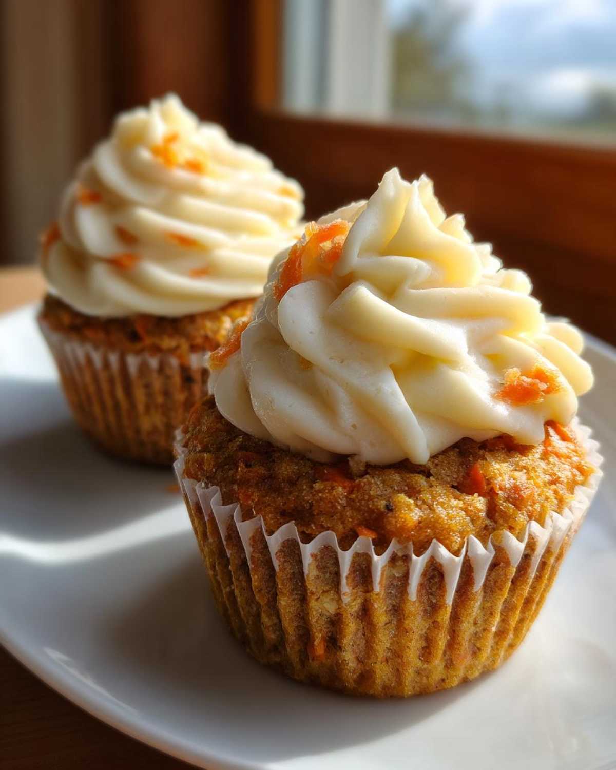 Two Gluten-Free Carrot Cake Cupcakes topped with swirls of cream cheese frosting and carrot zest.