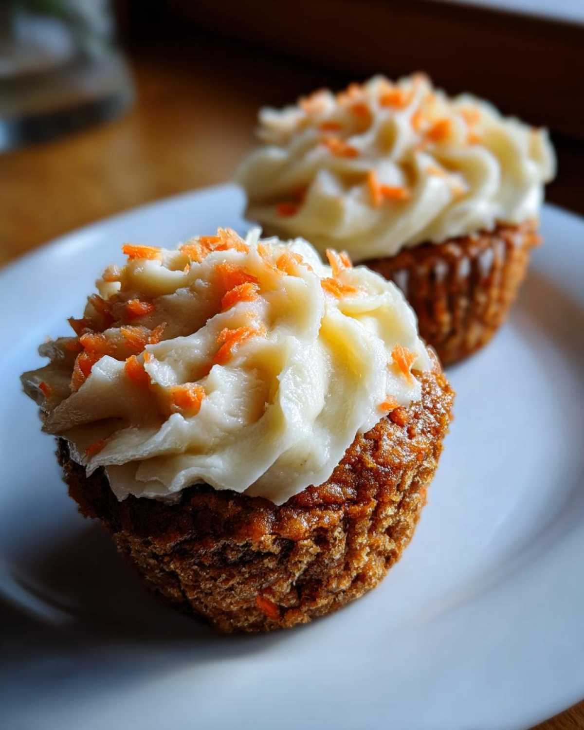 Two Gluten-Free Carrot Cake Cupcakes topped with thick cream cheese frosting and shredded carrots.