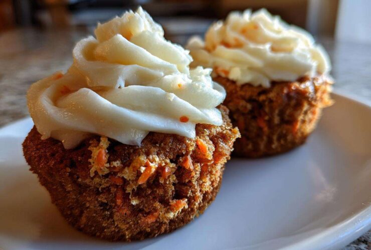 Close-up of two Gluten-Free Carrot Cake Cupcakes topped with thick swirls of cream cheese frosting.