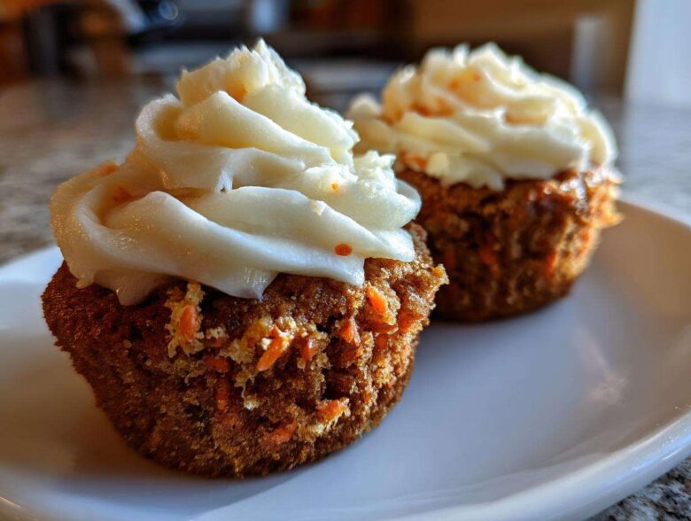Close-up of two Gluten-Free Carrot Cake Cupcakes topped with thick swirls of cream cheese frosting.