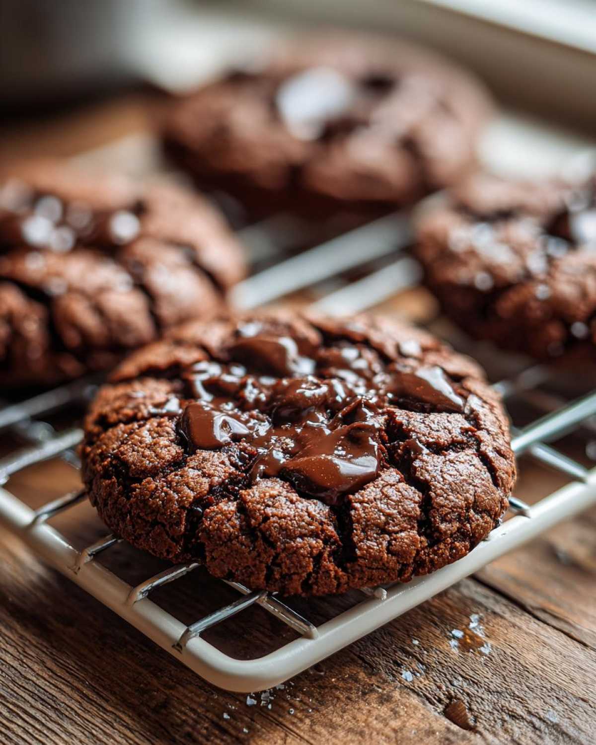 A close-up of a rich, dark chocolate cookie, one of several Gluten-Free Chocolate Mint Cookies, cooling on a wire rack with melted chocolate topping.