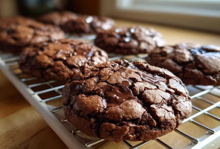 Close-up of rich, fudgy Gluten-Free Chocolate Mint Cookies cooling on a wire rack.