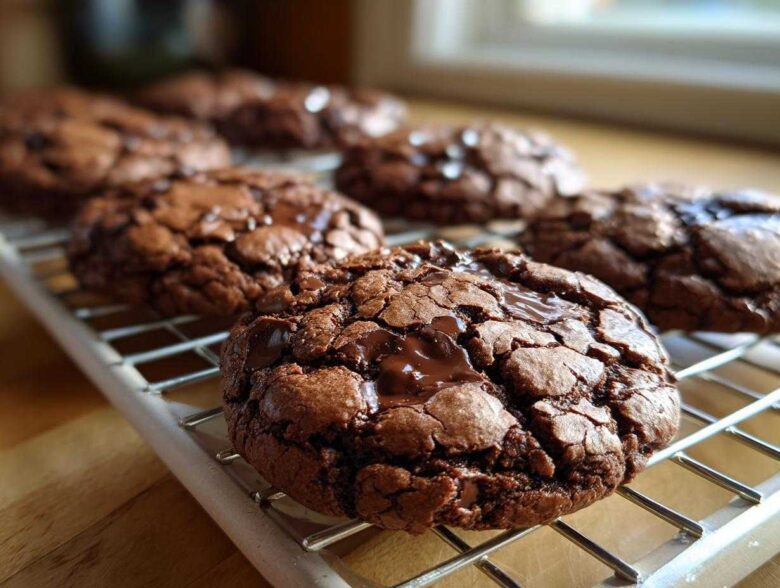 Close-up of rich, fudgy Gluten-Free Chocolate Mint Cookies cooling on a wire rack.