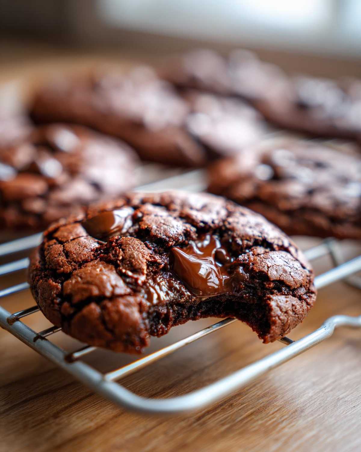 Close-up of a rich, dark Gluten-Free Chocolate Mint Cookie with a bite taken out, showing molten chocolate center on a cooling rack.
