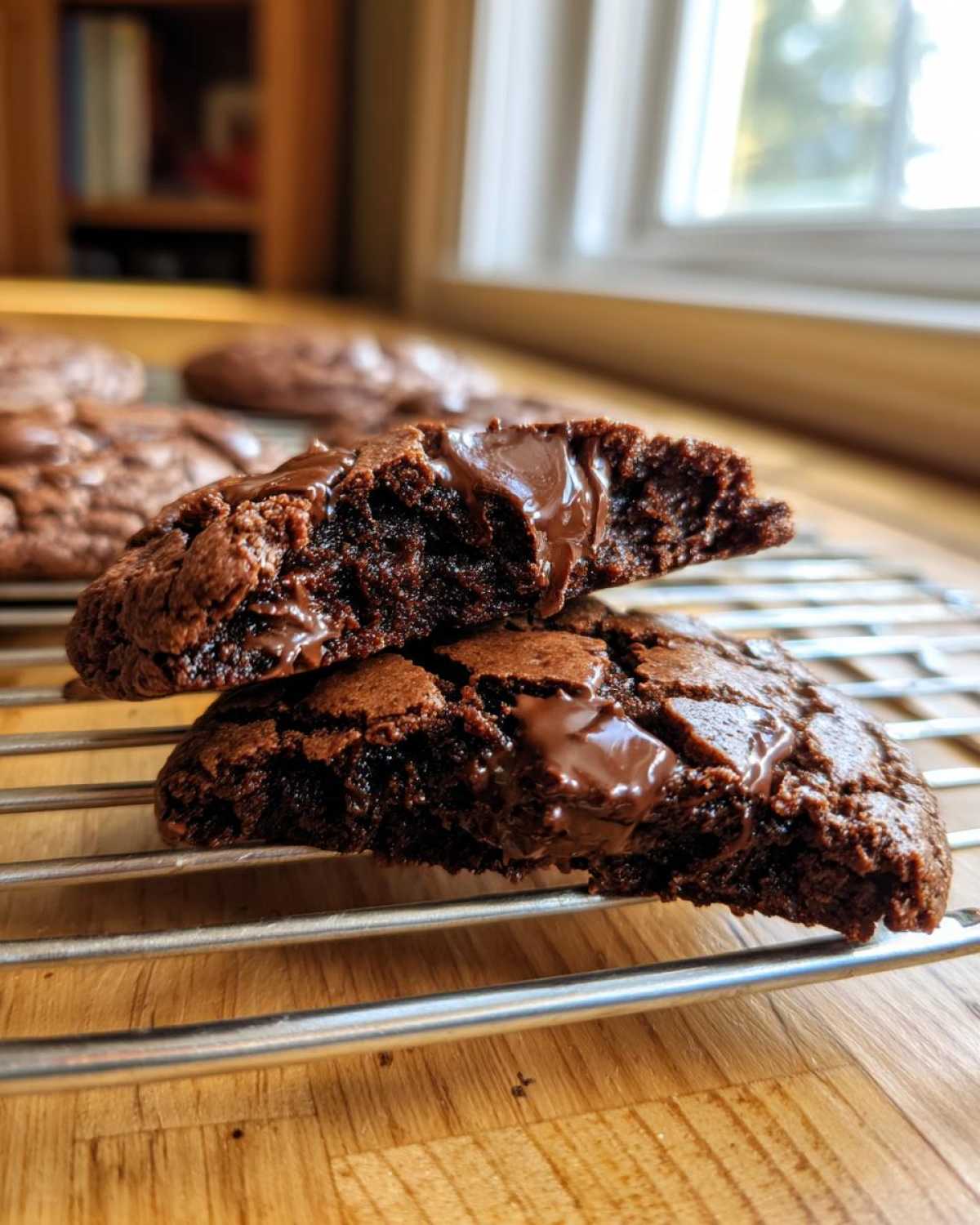 Close-up of a Gluten-Free Chocolate Mint Cookie broken in half, showing a gooey, melted chocolate center.