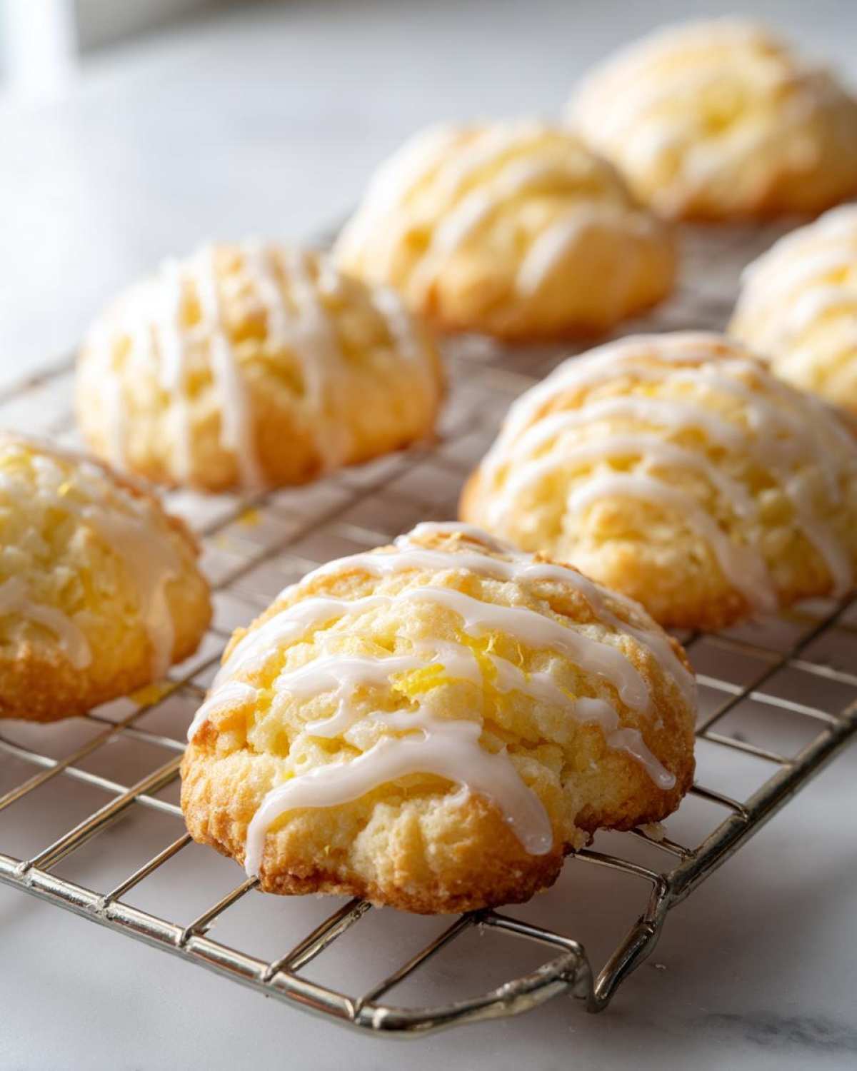 Close-up of freshly baked Gluten-Free Lemon Ricotta Cookies drizzled with white glaze, cooling on a wire rack.
