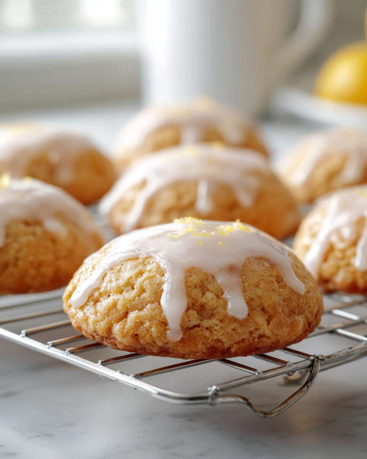 Close-up of a soft Gluten-Free Lemon Ricotta Cookie topped with white glaze and lemon zest.