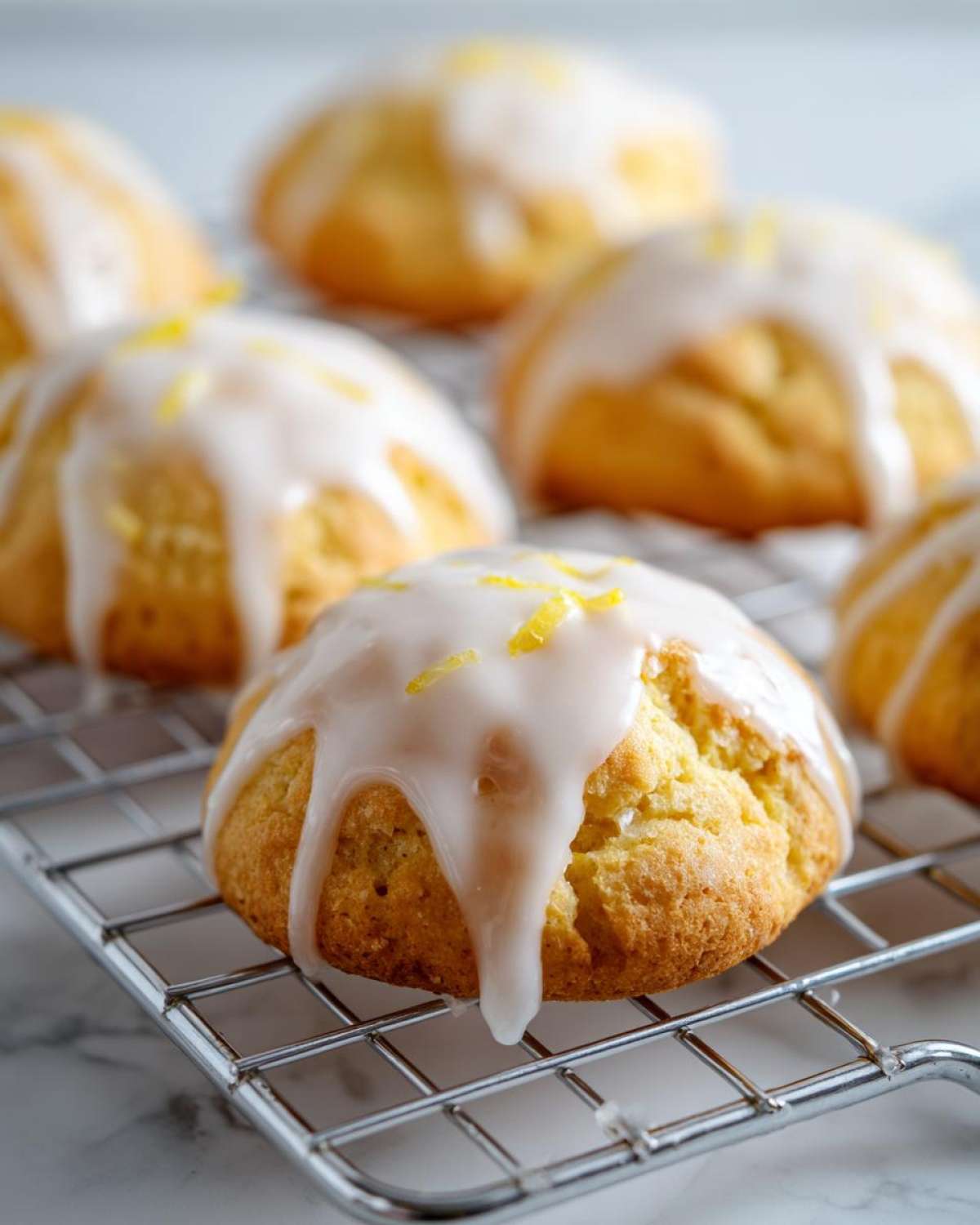 Close-up of freshly baked Gluten-Free Lemon Ricotta Cookies drizzled with white glaze and lemon zest.