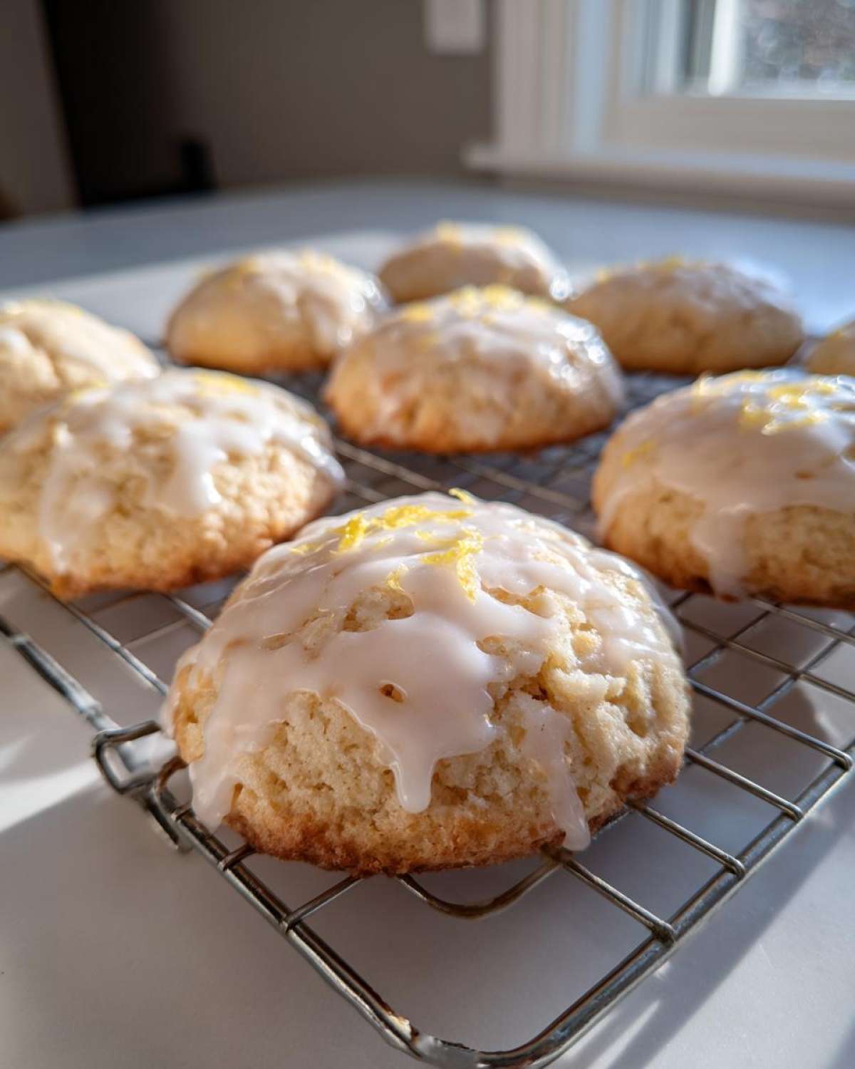 Close-up of freshly baked Gluten-Free Lemon Ricotta Cookies topped with white glaze and lemon zest on a wire rack.