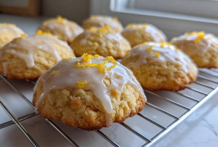 Close-up of freshly baked Gluten-Free Lemon Ricotta Cookies topped with white glaze and lemon zest on a cooling rack.