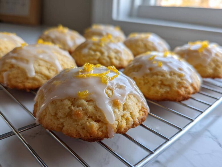 Close-up of freshly baked Gluten-Free Lemon Ricotta Cookies topped with white glaze and lemon zest on a cooling rack.