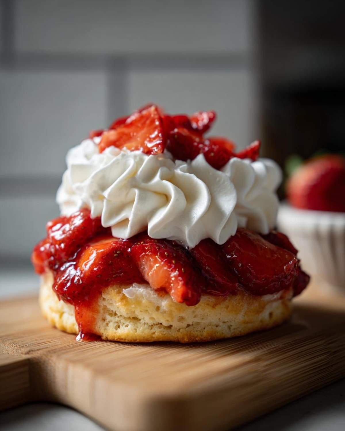 A single Gluten-Free Strawberry Shortcake Biscuit topped with macerated strawberries and whipped cream.
