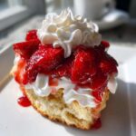 A close-up of a serving of Gluten-Free Strawberry Shortcake Biscuits topped with macerated strawberries and whipped cream.