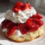 Close-up of a single Gluten-Free Strawberry Shortcake Biscuits layered with macerated strawberries and whipped cream.
