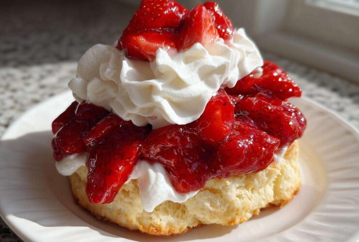 Close-up of a single Gluten-Free Strawberry Shortcake Biscuits layered with macerated strawberries and whipped cream.
