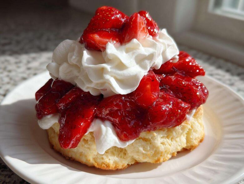 Close-up of a single Gluten-Free Strawberry Shortcake Biscuits layered with macerated strawberries and whipped cream.