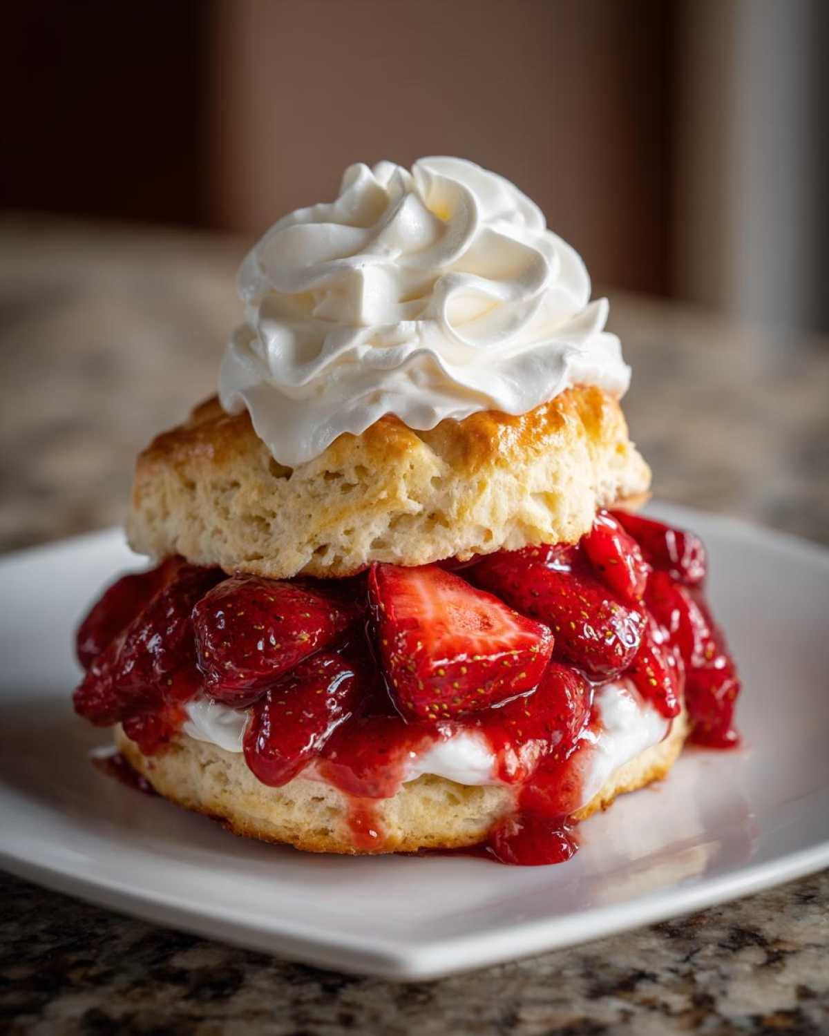 A close-up of a delicious Gluten-Free Strawberry Shortcake Biscuits layered with macerated strawberries and whipped cream.