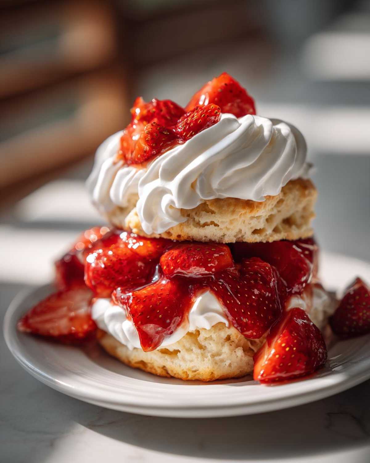 A stacked dessert featuring two Gluten-Free Strawberry Shortcake Biscuits layered with whipped cream and macerated strawberries.