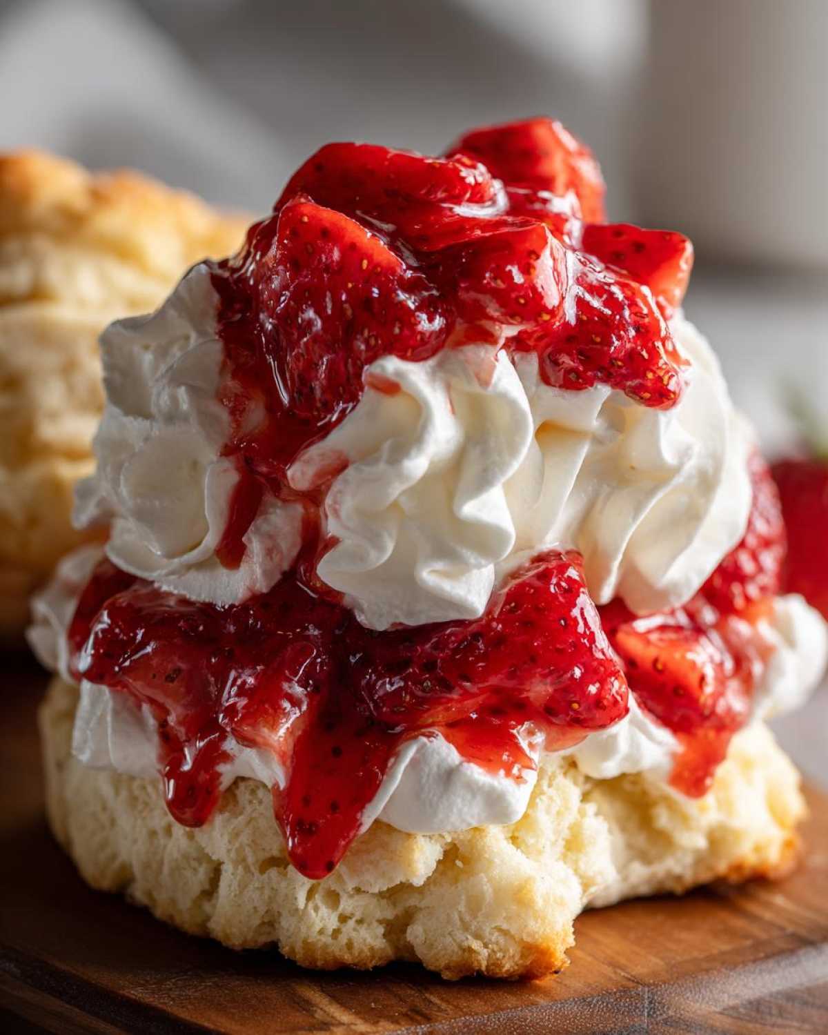 A close-up of a fluffy biscuit topped with whipped cream and macerated strawberries for Gluten-Free Strawberry Shortcake Biscuits.