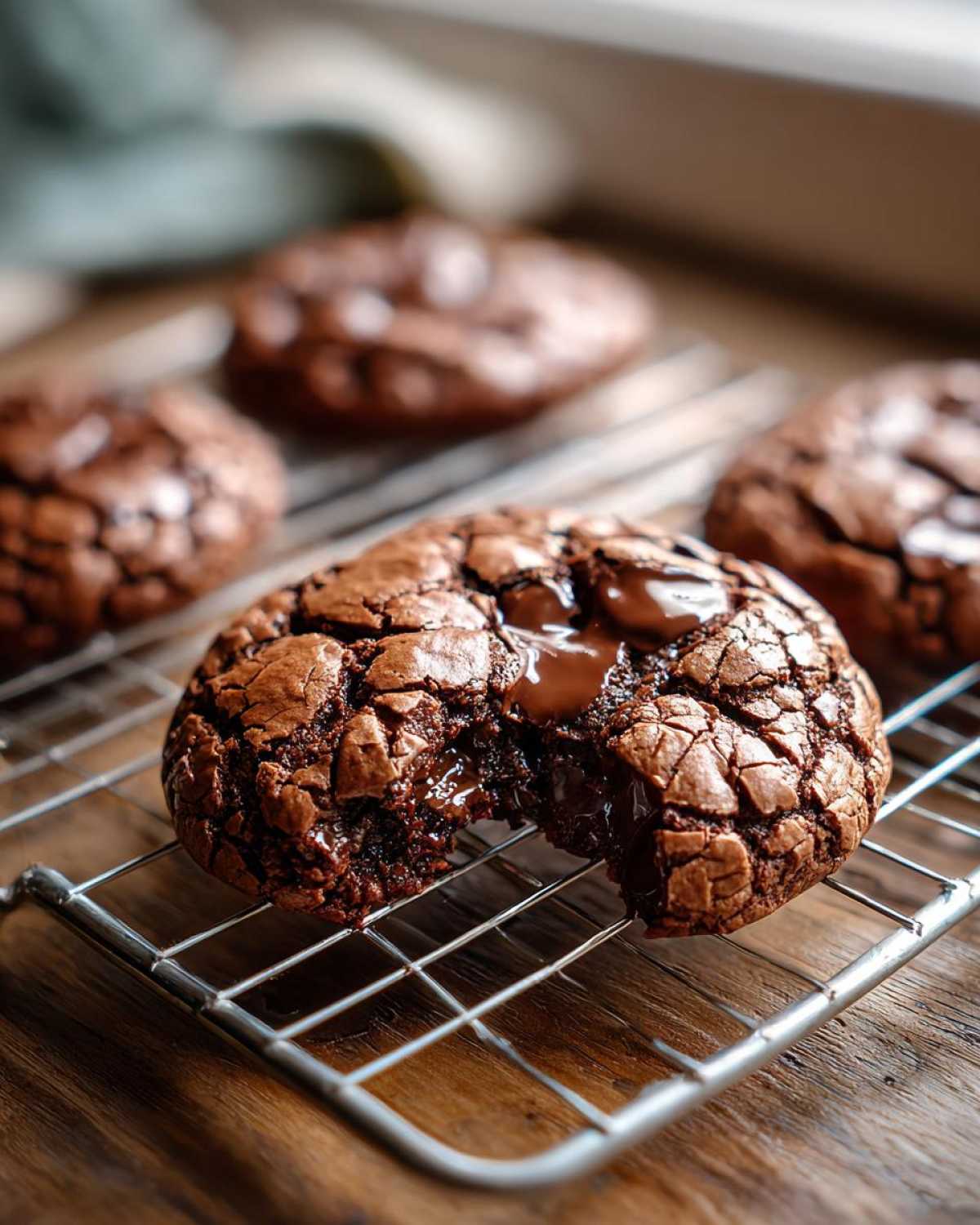 Close-up of a gooey Gluten-Free Chocolate Mint Cookie with a bite taken out, showing melted chocolate, resting on a cooling rack.