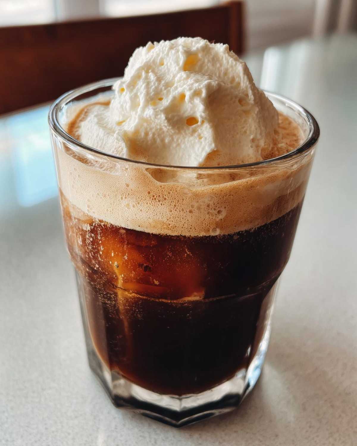 Close-up of iced coffee topped with a generous dollop of Copycat Starbucks Vanilla Sweet Cream Cold Foam.