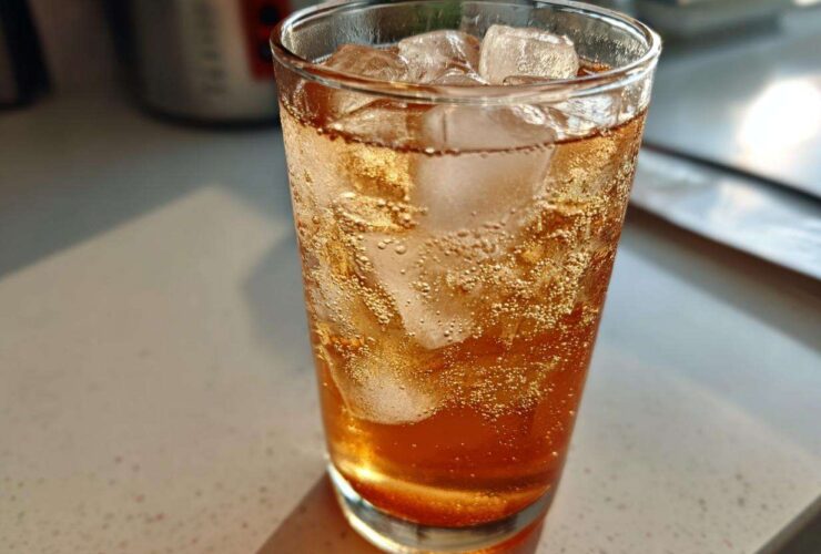 Close-up of a tall glass filled with bubbling Iced Peach Green Tea and large ice cubes.