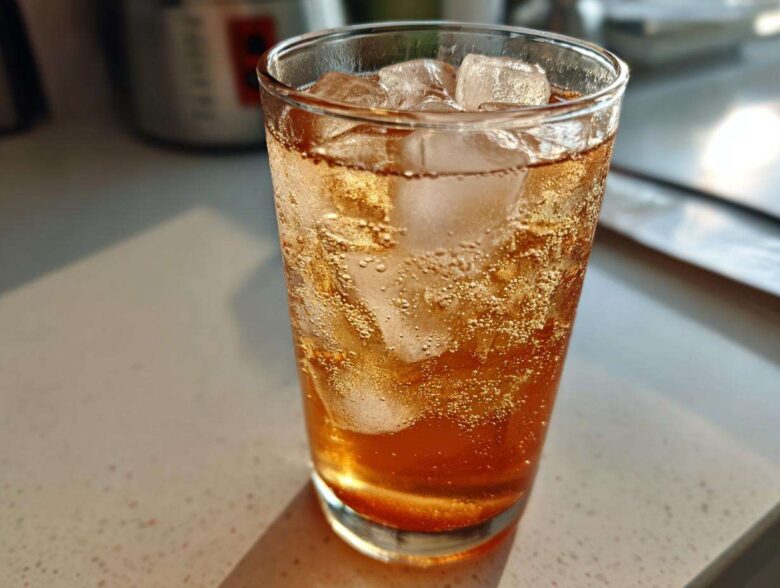 Close-up of a tall glass filled with bubbling Iced Peach Green Tea and large ice cubes.