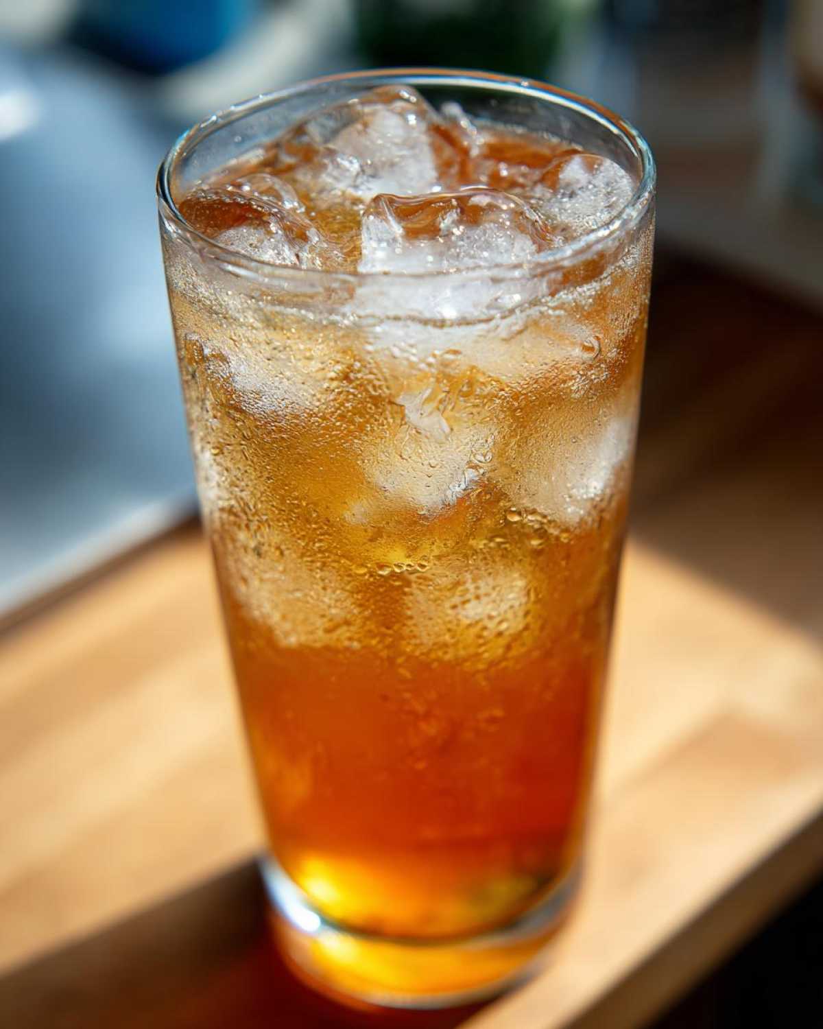 Close-up of a tall glass filled with Iced Peach Green Tea, loaded with ice cubes and showing condensation.