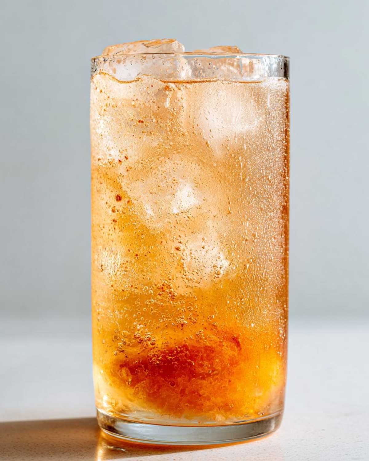 Close-up of a tall glass filled with Iced Peach Green Tea, ice cubes, and condensation.