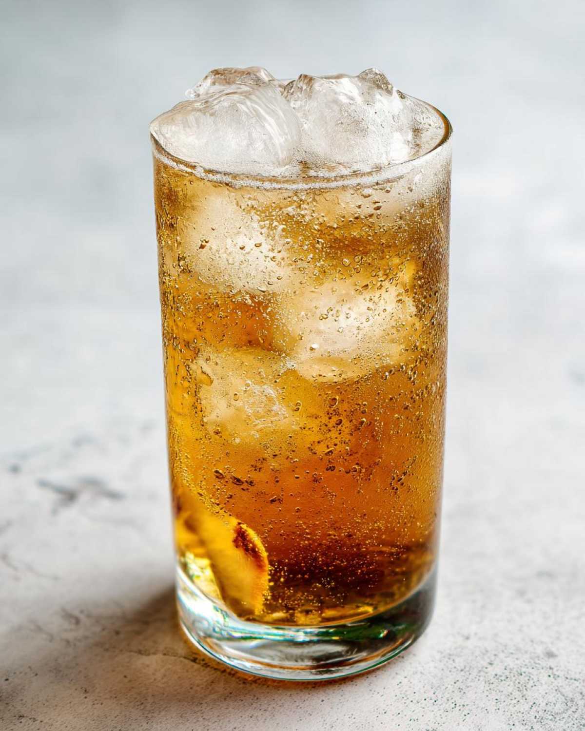 Close-up of a tall, sweating glass filled with Iced Peach Green Tea, ice cubes, and a slice of peach.