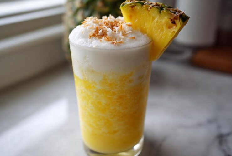 A tall glass featuring an Iced Pineapple Coconut Mocktail, topped with white foam and toasted coconut flakes.