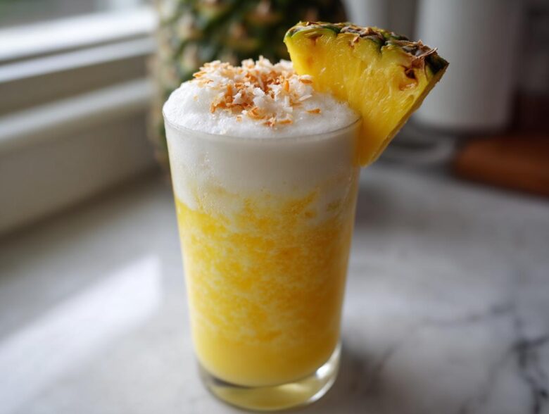 A tall glass featuring an Iced Pineapple Coconut Mocktail, topped with white foam and toasted coconut flakes.