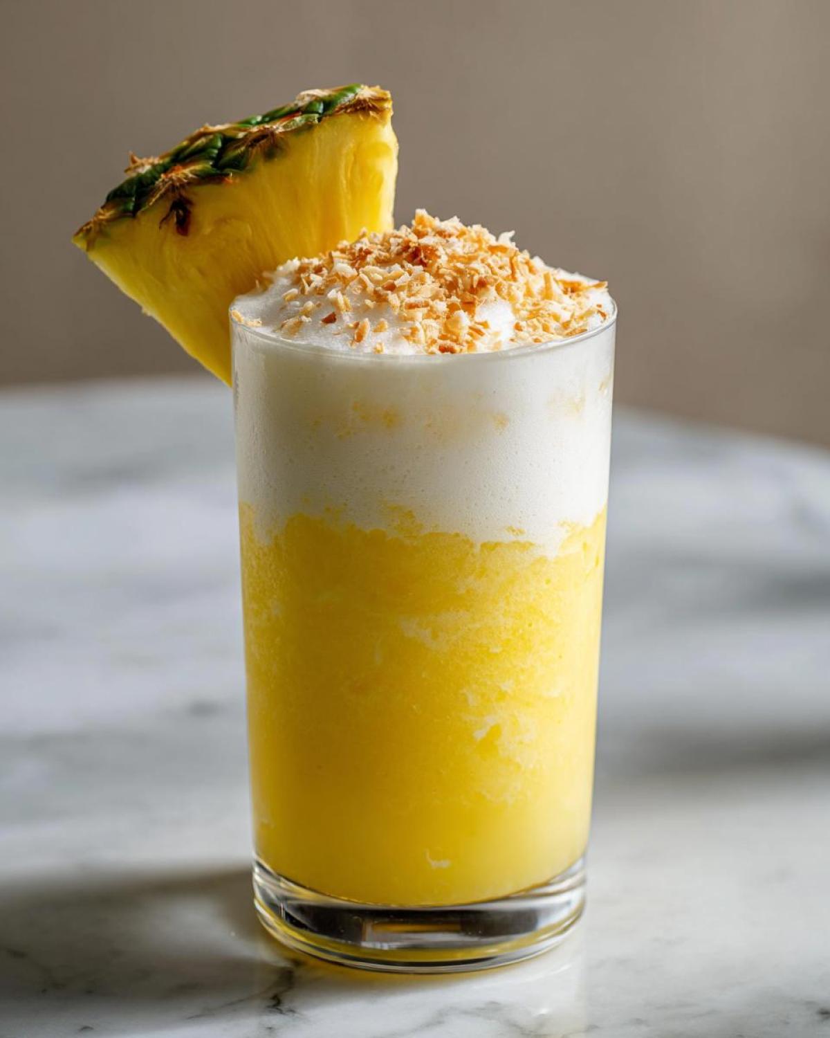 A tall glass of Iced Pineapple Coconut Mocktail topped with foam and toasted coconut flakes.